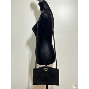 VTG Ferragamo Black Suede Velvet Convertible Clutch Shoulder Bag Gold Knot